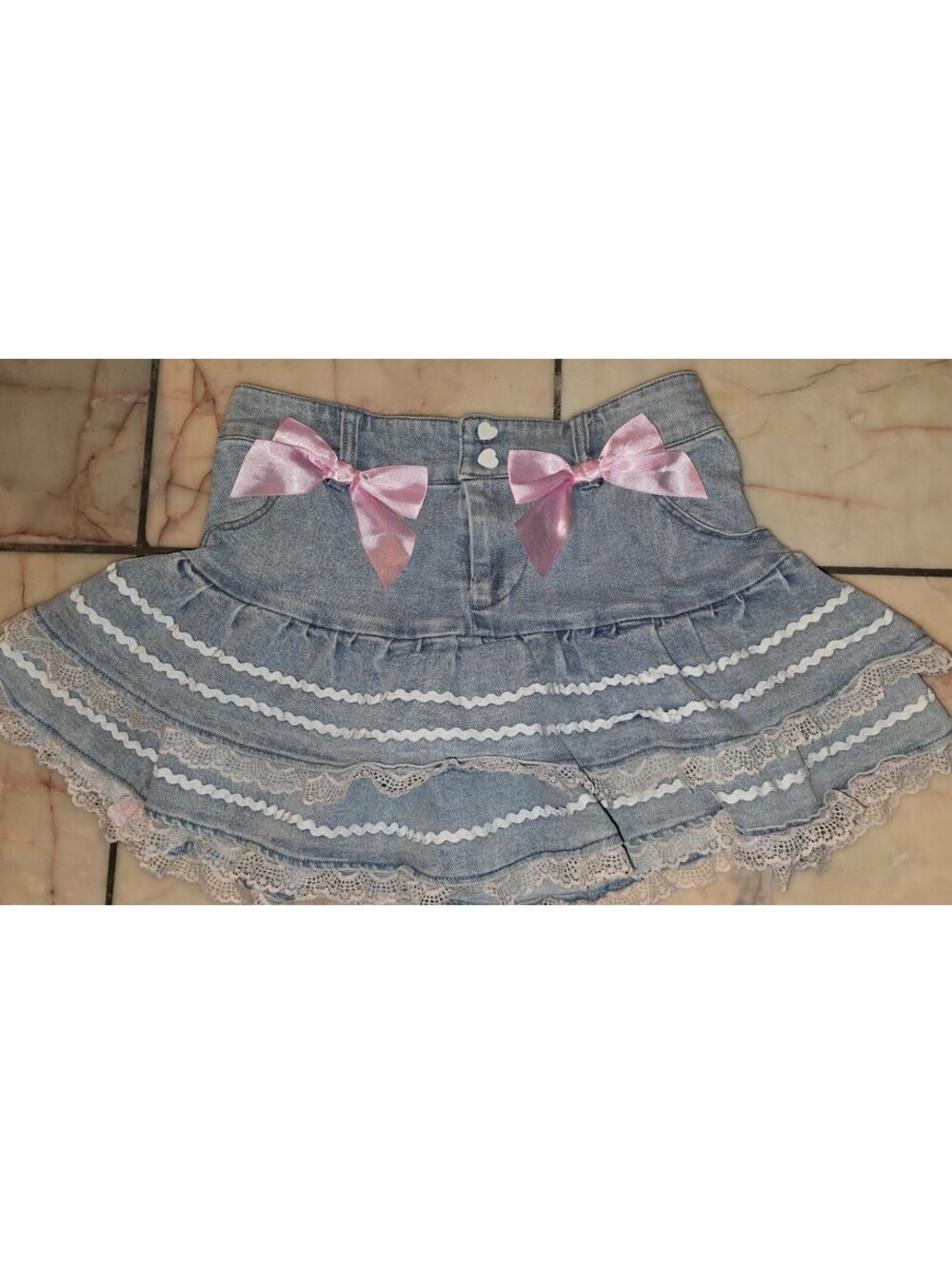 Y2K Coquette Sweet Society Light Wash Denim Mini w/ Pink Ribbon Bows & Lace Trim